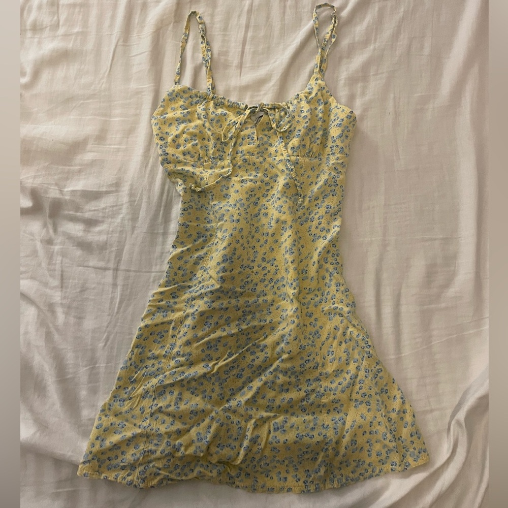 Original yellow blue flowers subdued dress XS